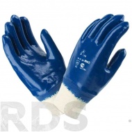 Перчатки х\б, покрытие ладони - НИТРИЛ, полный облив, манжет крага, синий. - фото
