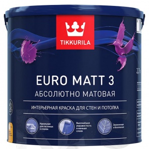 Краска водоэмульсионная EURO 3 MATT глубокоматовая (База А), Tikkurila (2,7л) - фото