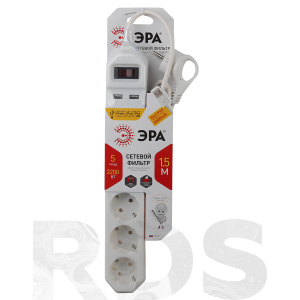 Фильтр сетевой с заземлением ЭРА (белый), 5гн+2USB, 1,5 м / USF-5es-1,5m-USB-W - фото 2
