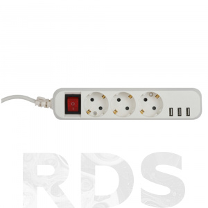 Удлинитель ЭРА c заземлением, с выключателем, 3 гнезда + 3 USB, 1,5м - фото 2