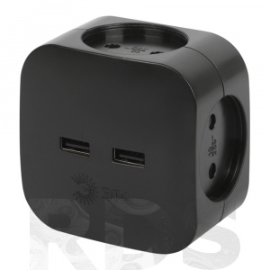 Разветвитель электрический ЭРА, 4 гнезда + 2 USB, без заземления черный - фото