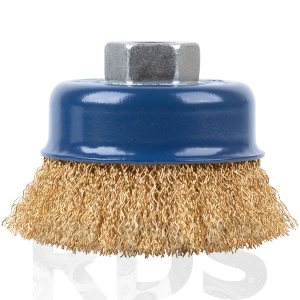 Щетка-крацовка чашка, для УШМ, 125мм, витая латунирован. проволока 0,3мм, с гайкой М14,  Щетка-крацовка чашка, для УШМ, 125мм, витая латунирован. проволока 0,3мм, с гайкой М14,