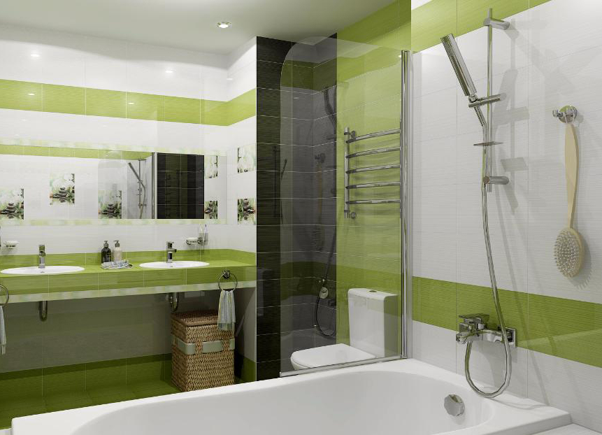 Сочетание белой и зеленой плитки в интерьере ванной комнаты - фото
