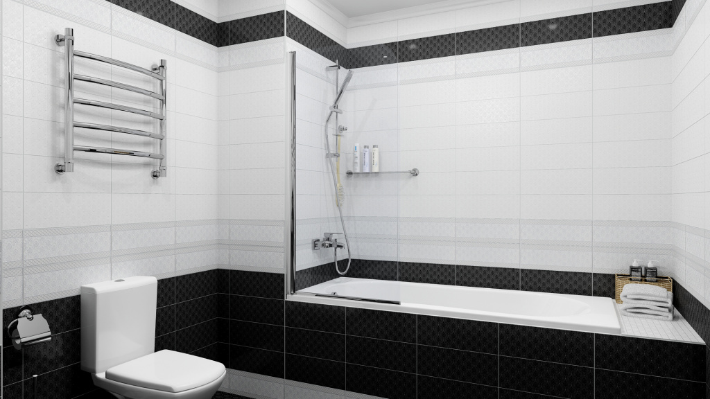 Сочетание белой и черной плитки в интерьере ванной комнаты - фото