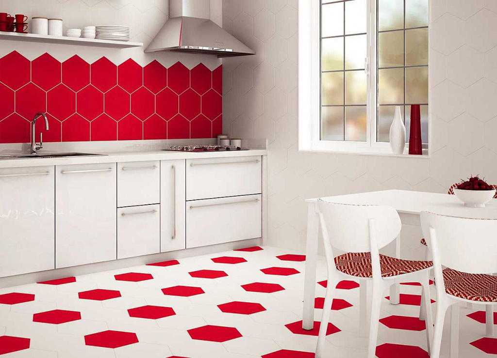 Сочетание белой и красной плитки в интерьере кухни - фото