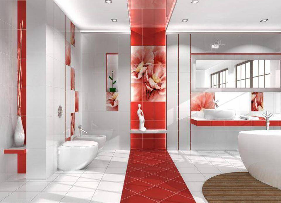 Сочетание белой и красной плитки в интерьере ванной комнаты - фото